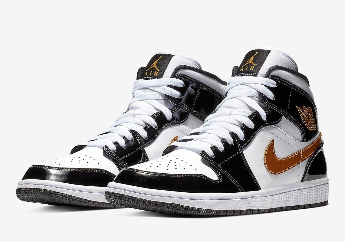 Jordan 1 Mid "Patent Black-White-Gold"