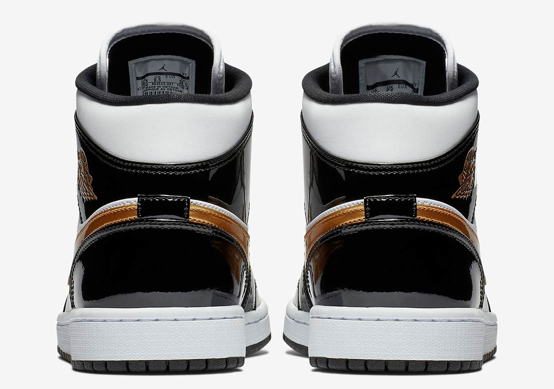 Jordan 1 Mid "Patent Black-White-Gold"