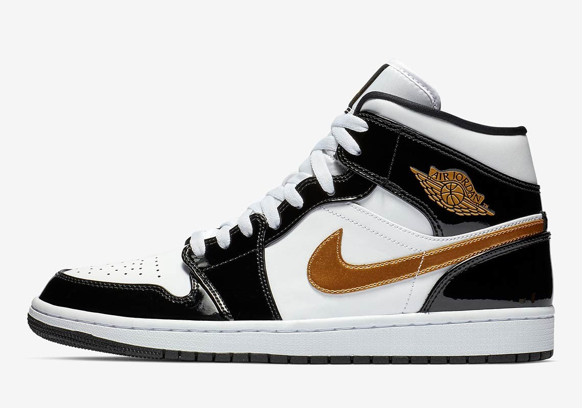 Jordan 1 Mid "Patent Black-White-Gold"